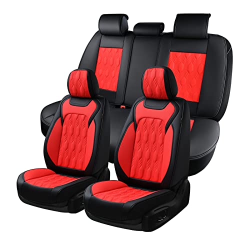 Coverado Car Seat Cover Full Set, Luxury Leather Seat Covers for Front and Rear, Waterproof Seat Covers 5 Seats, Car Seat Protectors Driver Seat Cushions Universal for Most Vehicles, Red - color: Embossed-Red01, size: FullSet