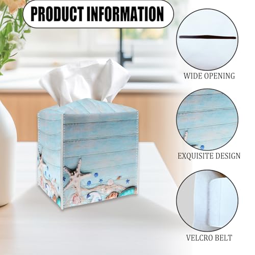 Blue Tissue Box Cover Holder - Starfish PU Leather Tissue Box Cover with Bottom Belt, Nautical Square Facial Paper Organizer for Tabletop, Bathroom, Kitchen, Car & Office -034 - color: Starfish