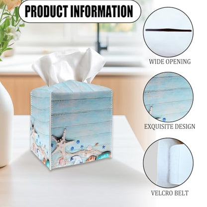 Blue Tissue Box Cover Holder - Starfish PU Leather Tissue Box Cover with Bottom Belt, Nautical Square Facial Paper Organizer for Tabletop, Bathroom, Kitchen, Car & Office -034 - color: Starfish