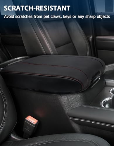Center Console Cover for Chevy Silverado 1500 Accessories & GMC Sierra 2019-2026, Yukon & Tahoe & Suburban 2021-2026, Bucket Seat Only, Vinyl Armrest Middle Console Cover, Black-Red Stitch - color: Black with red stitching