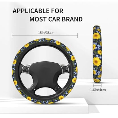 Sunflower Steering Wheel Cover with 2 Car Coasters Non Slip Neoprene for Women Men Universal 15 Inch