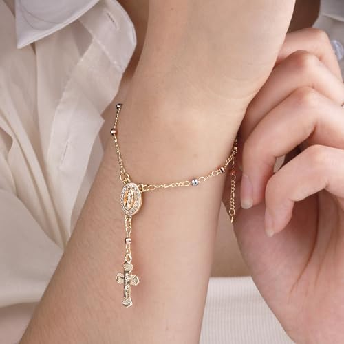 Gold Plated Beads Catholic Guadalupe Car Rearview Mirror Rosary Hanging Charm Chain for Women with Gift Box - color: Faceted Beads