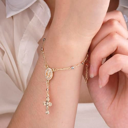 Gold Plated Beads Catholic Guadalupe Car Rearview Mirror Rosary Hanging Charm Chain for Women with Gift Box - color: Faceted Beads