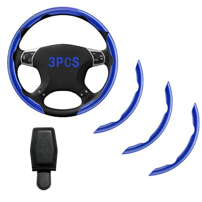 Steering Wheel Covers, Carbon Fiber Anti-Skid Clip on Car Steering Wheel Cover Protector 3PCs, with Magnetic Leather Sunglasses Holder for Car Visor, Blue - color: BLUE