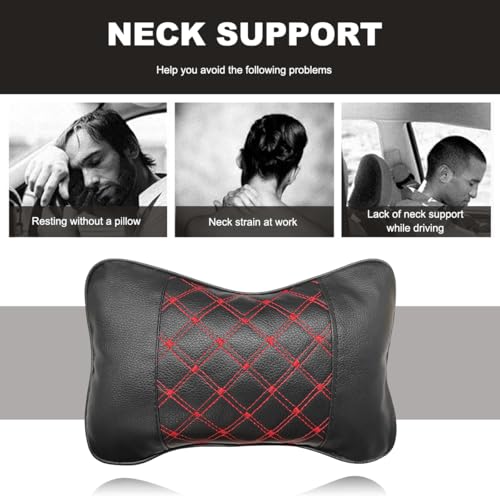 2PCS Car Neck Pillow, Soft Leather Headrest Pillow for Car Support Neck, Breathable Ergonomic Neck Support Relief Cushion for Driving with Adjustable Strap, Universal Car Accessories (Black&Red)