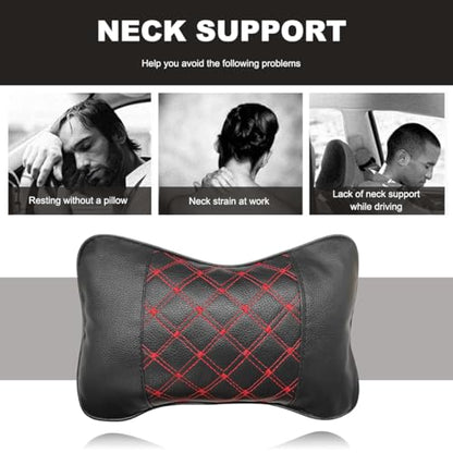 2PCS Car Neck Pillow, Soft Leather Headrest Pillow for Car Support Neck, Breathable Ergonomic Neck Support Relief Cushion for Driving with Adjustable Strap, Universal Car Accessories (Black&Red)
