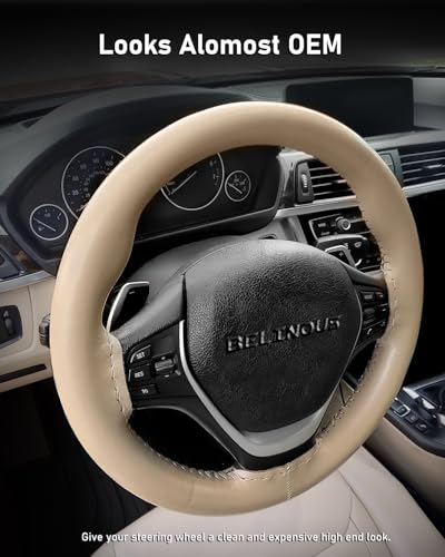 BELINOUS Leather Steering Wheel Cover Lace Up, Stitch on Steering Wheel Wrap, Universal Fit 13-20 Inch Car Truck Pickup Boat, A Whole Piece of Cowhide, DIY w/Needle Thread (Size M0, Light Beige) - color: Light Beige, size: M0