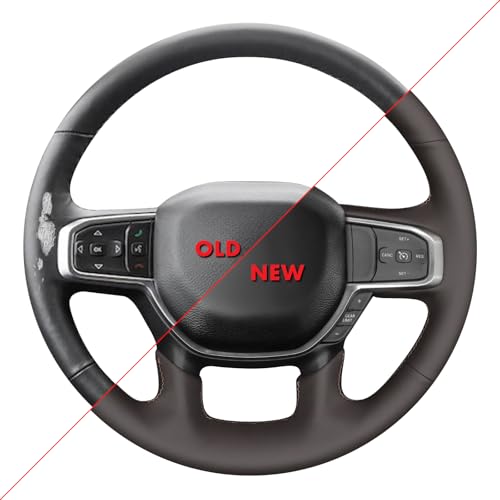MEWANT Hand Stitch Steering Wheel Cover for Dodge RAM 1500 2500 3500 2019-2025 DIY Custom Fit Coffee Leather Steering Wheel Wrap Protector Non-Slip Breathable - color: Coffee Microfiber Leather&Coffee Stitching