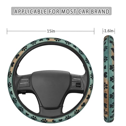 Green Brown Wooden Dog Paw Steering Wheel Cover for Women Men, Non-Slip Steering Wheel Protector Car Wheel Covers, Universal 15 Inch Fit for Auto, Suvs, Truck - color: Green Brown Wooden Dog Paw