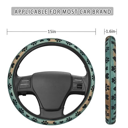 Green Brown Wooden Dog Paw Steering Wheel Cover for Women Men, Non-Slip Steering Wheel Protector Car Wheel Covers, Universal 15 Inch Fit for Auto, Suvs, Truck - color: Green Brown Wooden Dog Paw