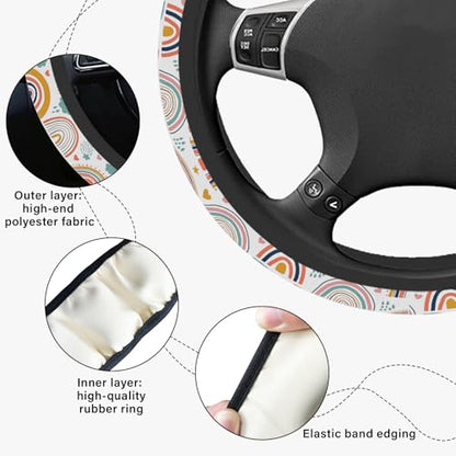 Boho Rainbow Steering Wheel Cover, Cute Print Steering Wheel Cover Protector, Ultra Thin Breathable Non-Slip, Car Accessories for Women, for Steering Wheel with a Diameter of 14.5"-15"