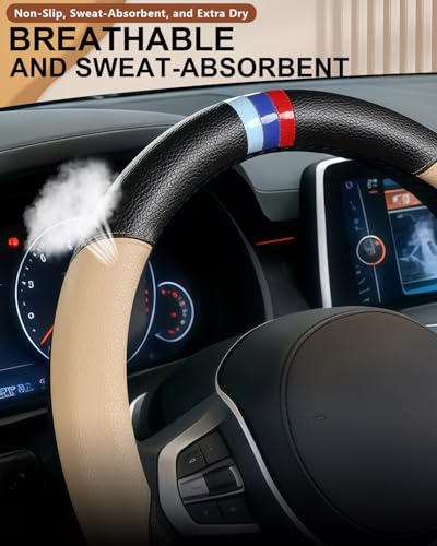 Customized Auto Car Steering Wheel Cover for BMW X1,X2,X3,X4,X5,X6,X7,i3,i4,i5,14.5-15 inch (Beige)