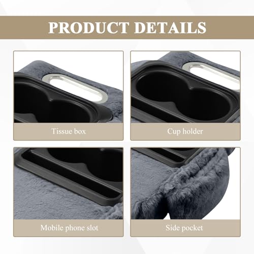 wuyaoyao Car Center Console Armrest Pillow, 13.78"×7.87"×2.76" Soft Plush Arm Rest Cover for Cars, 5-in-1 Warm Fluffy Auto Armrest Cushion Pad w/Pocket, Tissue Box, Cup Holder (Gray) - color: Gray