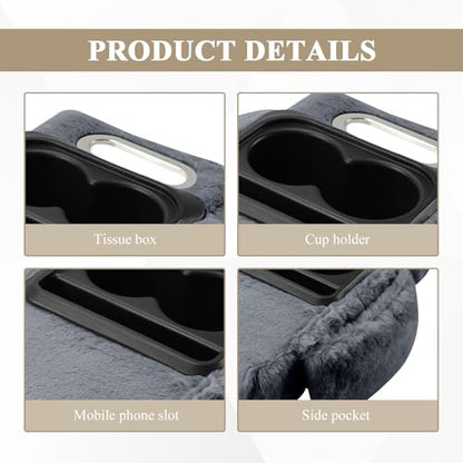 wuyaoyao Car Center Console Armrest Pillow, 13.78"×7.87"×2.76" Soft Plush Arm Rest Cover for Cars, 5-in-1 Warm Fluffy Auto Armrest Cushion Pad w/Pocket, Tissue Box, Cup Holder (Gray) - color: Gray