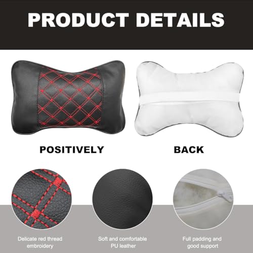 2PCS Car Neck Pillow, Soft Leather Headrest Pillow for Car Support Neck, Breathable Ergonomic Neck Support Relief Cushion for Driving with Adjustable Strap, Universal Car Accessories (Black&Red)