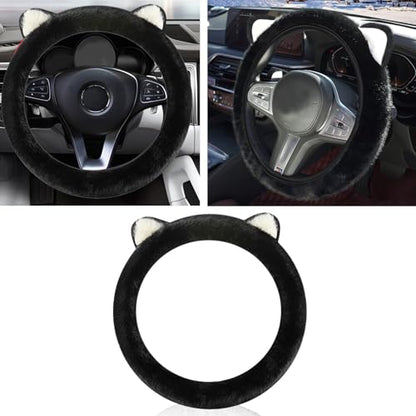 Car Steering Wheel Cover, Cute Steering Wheel Protector with Kitty Cat Ears,Fluffy Soft Plush for Winter Warm, Universal Fit 15 inches for Car,SUV, Elastic & Anti-Slip (Black) - color: Black