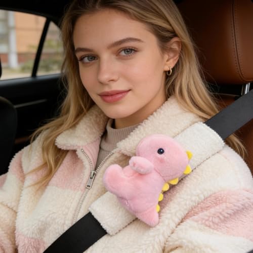 2 PCS Seat Belt Cover Pad, Cute Dinosaur Seatbelt Covers for Kids, Winter Plush Fluffy Soft Seatbelt Cushion, Car Seat Strap Pads (Pink+Green) - color: Pink+Green
