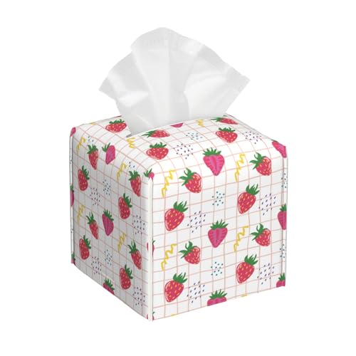 Cute Pink Strawberries Tissue Box Cover Square,Cartoon Strawberry Fruits Tissue Box Holder Waterproof Leather Facial Paper Organizer Dispenser for Bathroom Home Car Nightstand Vanity Desk - color: Color-14