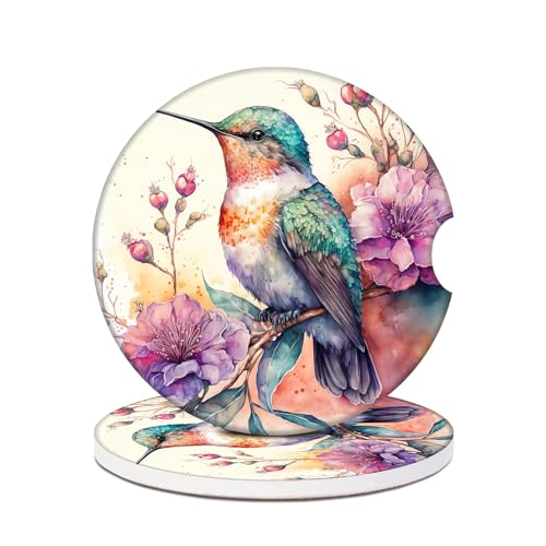 Hummingbird Flowers Car Coasters for Cup Holders, 2 Pack Absorbent Ceramic Car Cup Coasters Interior Accessories 2.56 Inch for Women Men - color: Hummingbird Flowers