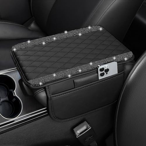 NBTEPEM Bling Car Center Console Cover, Leather Car Arm Rest Cover Cushion with 2 Storage Bags, Universal Automotive Armrest Protector Storage Box, Bling Accessories Interior for Most Vehicles (Black) - color: Black Diamond