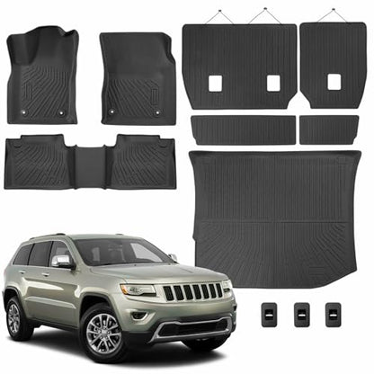 Full Set Floor Mats for Jeep Grand Cherokee 2011-2021 (Not for L), All-Weather Floor Mats+Cargo Liner+Backrest Protectors with Fastener Clips for Jeep Grand Cherokee 2011-2021 Accessories (11-Piece)