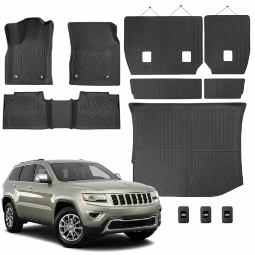 Full Set Floor Mats for Jeep Grand Cherokee 2011-2021 (Not for L), All-Weather Floor Mats+Cargo Liner+Backrest Protectors with Fastener Clips for Jeep Grand Cherokee 2011-2021 Accessories (11-Piece)