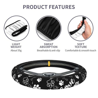 Paw Print Steering Wheel Cover - Dog Paw Print Steering Wheel Cover Dogs Prints Anti-Slip Breathable Universal for 15 Inch Car with 2 Pieces Car Coasters for Men/Women - color: Paw Print Black