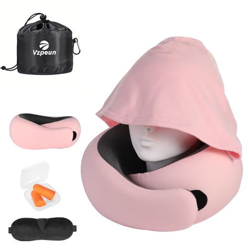 Travel Pillow - Hooded Neck Pillow Airplane Memory Foam Filling for Plane, Office, Cars Sleeping, Road Trip, Long Flights, Airplane Travel Essentials, Includes Eye Mask & Earplugs (Pink) - color: Pink