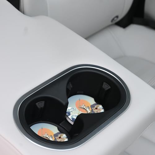 Car Coasters Pack of 2,Absorbent Ceramic Car Coasters Set for Women/Men,Drink Cup Holder Coasters,with A Finger Notch for Easy Removal(Cat and Dinosaur) - color: Cat and Dinosaur