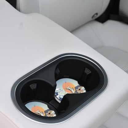 Car Coasters Pack of 2,Absorbent Ceramic Car Coasters Set for Women/Men,Drink Cup Holder Coasters,with A Finger Notch for Easy Removal(Cat and Dinosaur) - color: Cat and Dinosaur