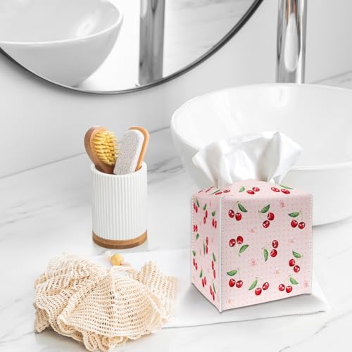 Tissue Box Cover Holder - Pink Polka Dot PU Leather Tissue Box Cover with Bottom Belt, Cherries and Blossom Square Facial Paper Dispenser for Tabletop, Bathroom, Kitchen, Car & Office -037 - color: Pink Polka Dot