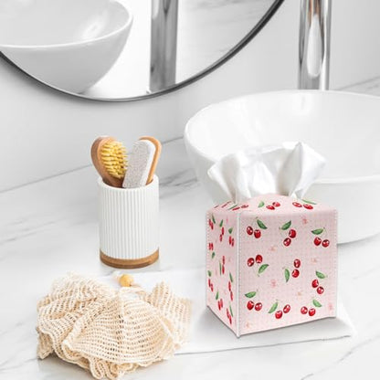 Tissue Box Cover Holder - Pink Polka Dot PU Leather Tissue Box Cover with Bottom Belt, Cherries and Blossom Square Facial Paper Dispenser for Tabletop, Bathroom, Kitchen, Car & Office -037 - color: Pink Polka Dot