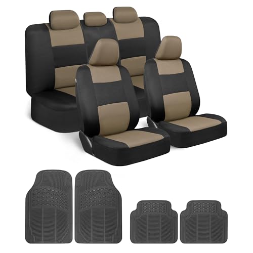 BDK PolyPro Car Seat Covers Full Set Combo with Front and Rear Waterproof All -Weather Car Floor Mats - Universal Fit Automotive Protection for Cars, Trucks & SUV – Easy Install Interior Accessories - color: Beige/Black Combo