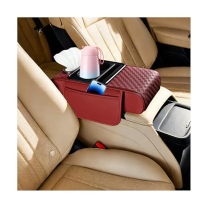 Car Center Console Armrest Pillow, 5-in-1 Armrest Box Cover with Cup Phone Holder & Storage Pocket Tissue Box, Multifunctional Auto Middle Console Arm Rest Protector, Universal Fit (Red) - color: Red