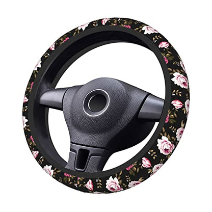 Peony Flower Steering Wheel Cover Women Men Elastic Stretch Soft Car Wheel Protector Universal Breathable No-Slip Car Accessories for Truck Van SUV Auto Fit 14-15 Inches