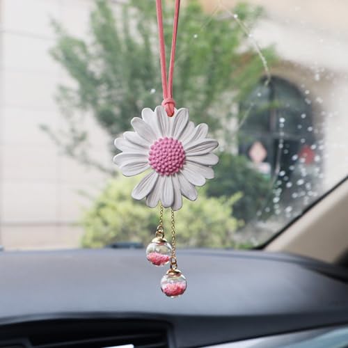 Daisy Car Hanging Ornaments for Women Girls Cute Sunflower Car Rear View Mirror Hanging Charms Automotive Interior Aesthetic Decoration Accessories Gift (White & Pink) - color: White & Pink