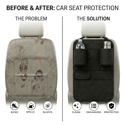 Premium Seat Back Organizer & Kick Mat Protector with Large Water Bottle Holders - Cordura Nylon Auto Storage - Laptop Pocket & Sag-Free Adjustable Fit