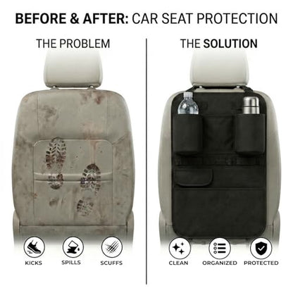 Premium Seat Back Organizer & Kick Mat Protector with Large Water Bottle Holders - Cordura Nylon Auto Storage - Laptop Pocket & Sag-Free Adjustable Fit
