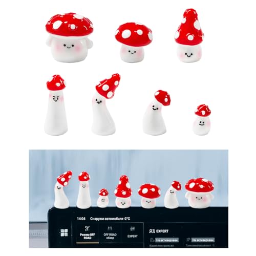 DXNQ Set of 7 Cute Mini Mushroom Car Ornament, Kawaii Mushrooms Dashboard Decor with Sticky Dots, Funny Mini Mushroom Rear View Mirror Interior Decorations for Women, Car Accessories