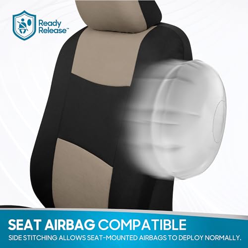 BDK PolyPro Car Seat Covers Full Set in Light Beige on Black, Front and Rear Split Bench Seat Covers for Cars, Easy to Install Car Seats Cover Set and Accessories for Auto Trucks Van SUV - Light Beige - color: Light Beige