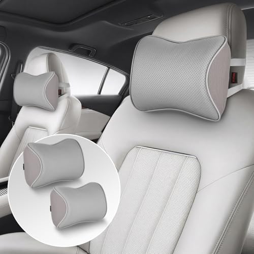 Aukee Memory Foam Car Neck Pillow Soft Leather Car Headrest for Driving Home Office Gray (Pack of 2) - color: Grey, size: Pack of 2
