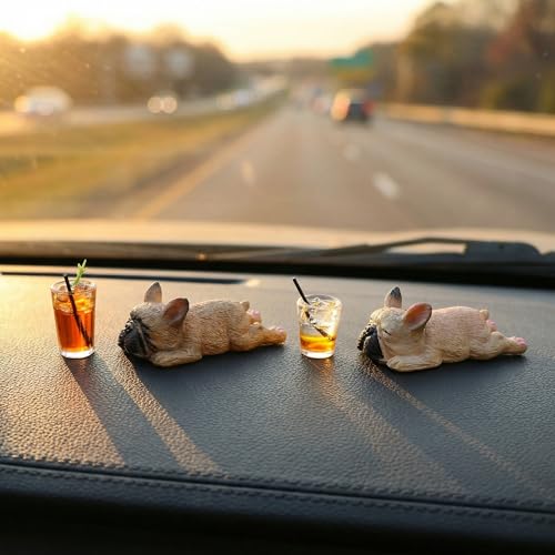 4 Pcs Cute French Bulldog Car Dashboard Decorations, Mini Lazy Dog & Drink Cup Ornaments with Traceless Adhesive, Resin Car Interior Decor Gifts for Men & Women - size: Lazy Frenchie