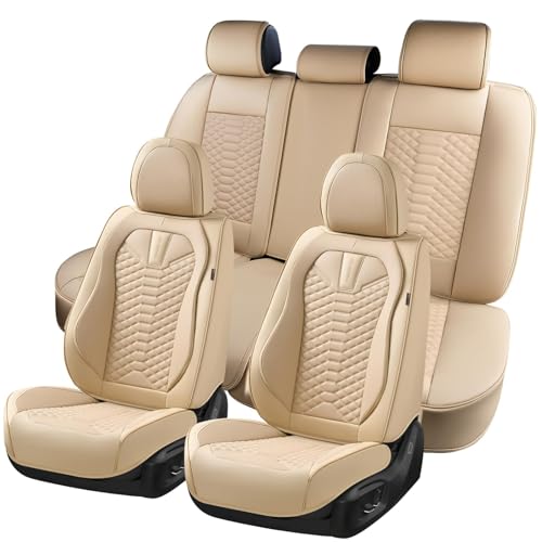 Coverado Car Seat Covers Full Set, Waterproof Nappa Leather Seat Covers for Cars, Universal 5 Seats Car Seat Covers, Front and Back Car Seat Protector, Auto Seat Covers Fit for Most Cars, Beige - color: Beige, size: Full Set