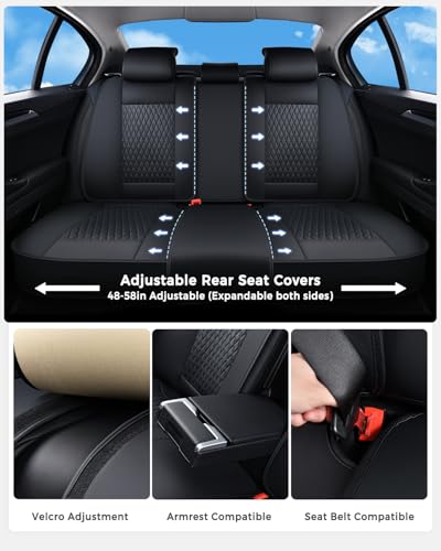 Huidasource Back Seat Covers, Luxury Nappa Leather Rear Seat Cover with Velcro Adjustable, Child Seats, Ventilation Holes, Seat Belts, Car Back Seat Cover Universal Fit for Most Cars SUV Trucks, Black - color: R# Black, size: Rear