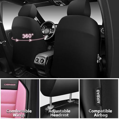 CAR PASS Memory Foam Seat Covers Full Sets, Airy Cool Mesh Thick Car Seat Covers Women, Leather Car Seat Covers 5 Seats Airbag Compatible, Universal Automotive Comfort for Cars, Trucks, SUV, Pink - color: pink
