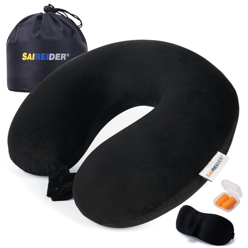 SAIREIDER Neck Pillows for Travel 100% Memory Foam Adjustable Travel Pillows with Storage Bag, Sleep Mask and Earplugs-Prevent The Heads from Falling Forward (Black) - color: Black(travel Kit)
