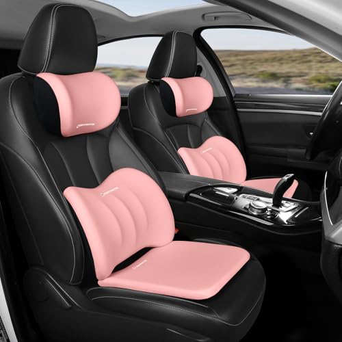 Car Seat Cushion with Neck Pillow & Lumbar Support Back Sciatica Tailbone Pain Relief Car Pillows Ergonomic Memory Foam Back Support for Driving Seat Office Chair Wheelchair 3 Pcs Pink - color: Seat Cushion ＆ Lumbar Pillow ＆neck Pillow-pink