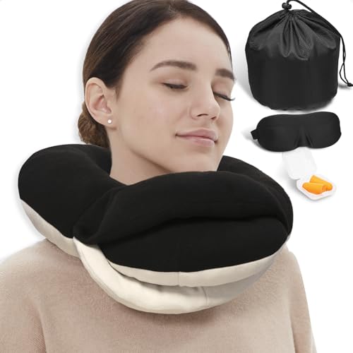 BUYUE Travel Neck Pillows for Airplanes, Memory Foam 360° Head Support Sleep for Long Flight, Skin-Friendly & Breathable, Kit with Eye Mask, Earplugs and Storage Bag (Adult, Black, 90+ lbs) - color: Black, size: Adult