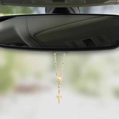 Gold Plated Beads Catholic Guadalupe Car Rearview Mirror Rosary Hanging Charm Chain for Women with Gift Box - color: Faceted Beads