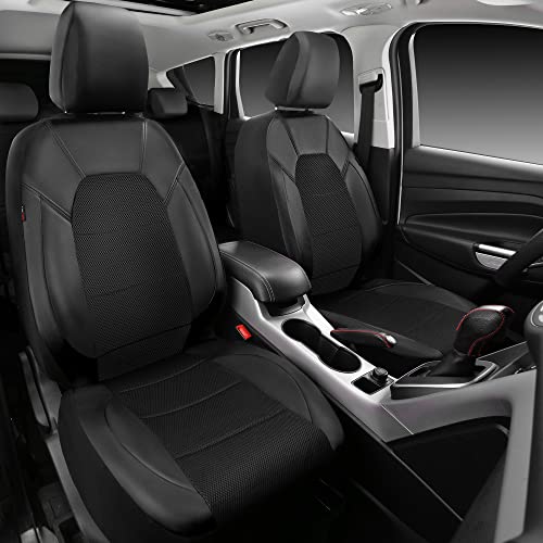 CAR PASS Leather Two Front Car Seat Cover; 4Pcs Waterproof Car Floor Mats & Steering Wheel Cover,Universal Fit Airbag Compatible Automotive Interior Covers (Combo Set, Black) - color: black combo sets